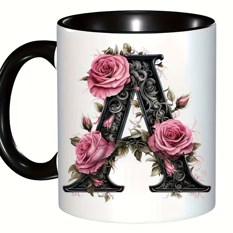Coffee Tea Name - 1 zwarte letterbloem A-F bedrukte koffiekop,
